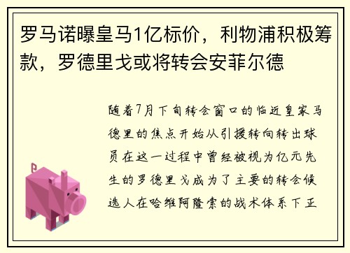 罗马诺曝皇马1亿标价，利物浦积极筹款，罗德里戈或将转会安菲尔德